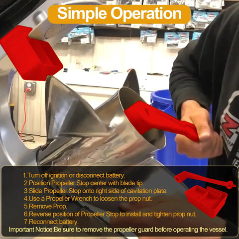 Must-Have Polymer Propeller Wrench Kit 1-1/16 Inch With Prop Stop Block in use on outboard engine, showing tool usage steps