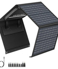 40W Foldable Solar Panel Charger for Power Stations and Camping Gear with USB QC 3 USB C and 18V DC output displayed at an angle.