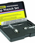 Two Piece Tap Wrench Set With Sliding T Handle And Reference Table For Zero To One Half Inch Taps in open case
