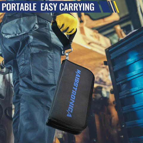 Man carrying a portable 6 In 1 Ratchet Crimping Tool Kit With Interchangeable Dies For Heat Shrink, in a durable case