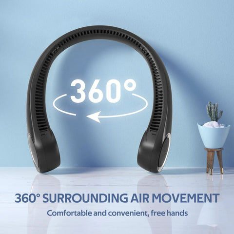 Hands Free Neck Fan Bladeless Wearable Personal Cooling 360 Degree Quiet Breeze USB Rechargeable 4000mAh 3 Speeds in black color