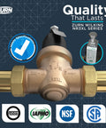 Zurn Wilkins NR3XL 3/4 in water pressure reducing valve with integral by-pass check, brass body, double union
