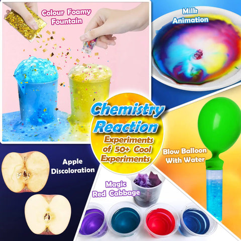 50 Plus Science Experiments Kit For Kids With Hands On STEM Activities Chemistry And Earth Science Projects Including Volcano Eruption Gemstone Crafting And Magic Experiments A Fun Educational Toy Gift For Boys And Girls showing colorful foamy fountain and milk animation.