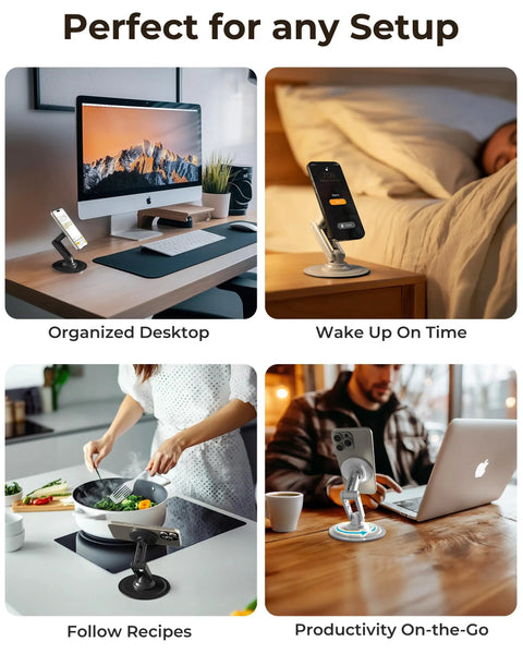 Four images showing MagSafe Desk Stand For iPhone 17 Pro Max 16 15 14 13 12 with 360 Degree Rotating Head in different setups.