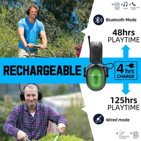 Two men using 033 Upgraded Bluetooth 5.4 Hearing Protection Headphones With FM AM Radio OSHA Compliant 25dB NRR Earmuffs while mowing.