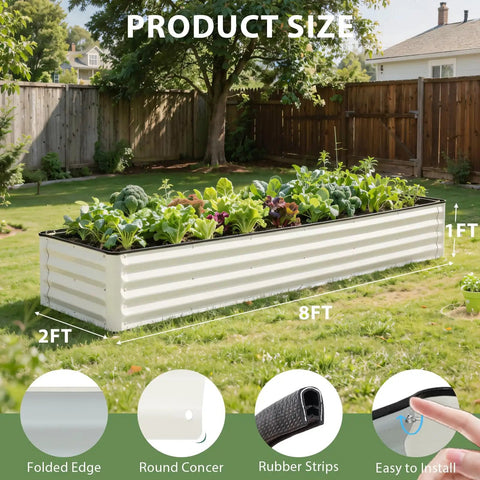 Galvanized Raised Garden Bed Kit 8x2x1 Ft, 1 Pack, LeakProof Planter Box with vegetables in outdoor metal garden bed, white finish
