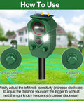 Outdoor Ultrasonic Animal Deterrent With PIR Sensor And Flashing Light Motion Activated Solar Powered Critter Repellent For Cat Deer Squirrel Raccoon Rabbit Skunk And Dog Yard Protection IP65 Waterproof 1 Pack, knob controls