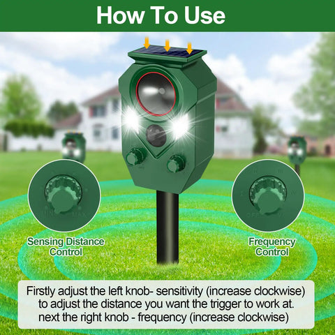 Outdoor Ultrasonic Animal Deterrent With PIR Sensor And Flashing Light Motion Activated Solar Powered Critter Repellent For Cat Deer Squirrel Raccoon Rabbit Skunk And Dog Yard Protection IP65 Waterproof 1 Pack, knob controls