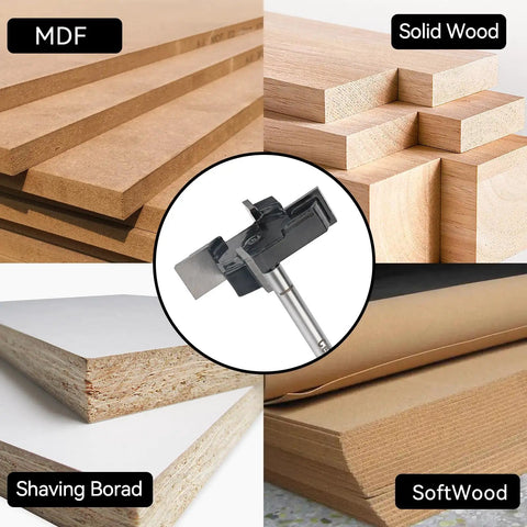Pro Grade 4 Flute CNC Spoilboard Surfacing Router Bit With 1 Quarter Inch Shank And 2 Inch Cutting Diameter Anti Kickback Design 89 HRC YG8 Tipped Includes Router Collet For Precision Woodworking shown with different wood types MDF, solid wood, shaving board, and softwood.