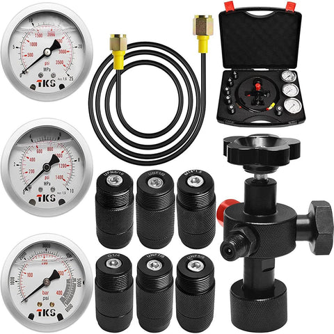 Hydraulic Gauge Set With Nitrogen Accumulator And 7 Adapters, Includes 3 Pressure Gauges, Gas Hose And Main Valve Body, Built With Steel Plastic And Copper For Heavy Duty Durability, Nitro Charging Kit For Industrial Hydraulics