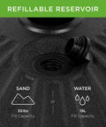 Fillable Round Sunburst Umbrella Base Stand With 55 Pound Weight Capacity showing sand and water fill options