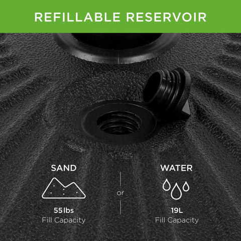 Fillable Round Sunburst Umbrella Base Stand With 55 Pound Weight Capacity showing sand and water fill options
