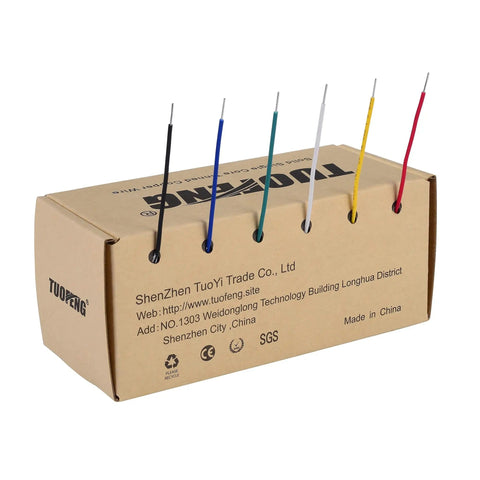 Solid 22 AWG Hookup Wire Kit With Six Color Coded Breadboard Wires displayed on packaging box