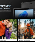 Built Like A Tank Rugged Tablet With Integrated Barcode Scanner 10.1 Inch Windows 11 Pro showing 8MP and 5MP camera features.