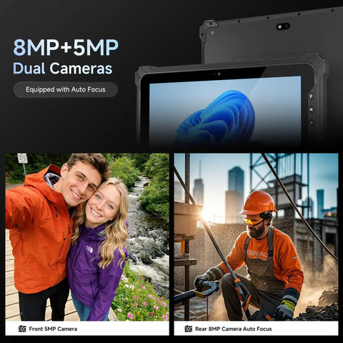 Built Like A Tank Rugged Tablet With Integrated Barcode Scanner 10.1 Inch Windows 11 Pro showing 8MP and 5MP camera features.