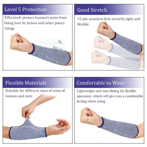 Diagram showing Five Pack Cut Resistant Arm Sleeves For Men And Women, Level Five Bite Proof Forearm Guards with stretch and comfort.