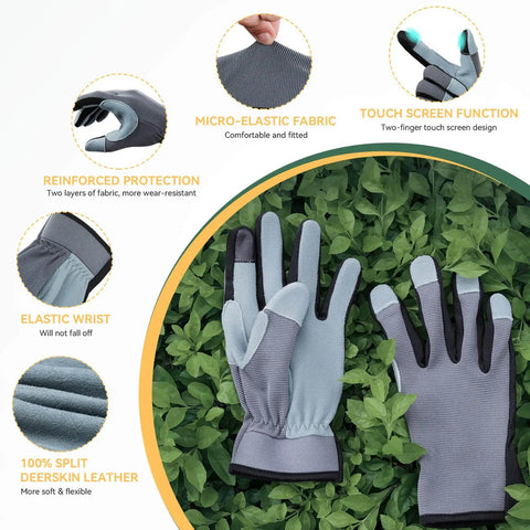 Womens Deerskin Leather Work Gloves With Breathable Back For Gardening And Yard Work, Great Grip, Touchscreen Feature