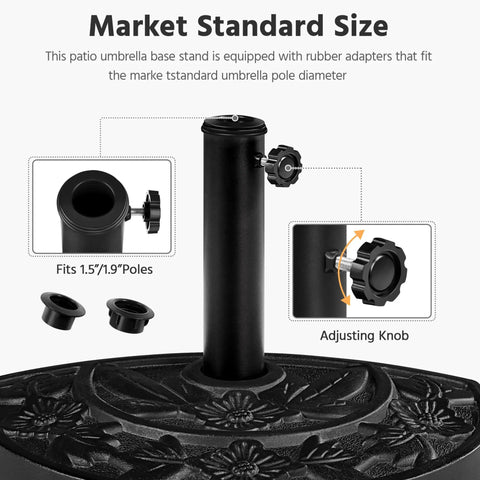 Heavy Duty Half Round Umbrella Base Stand For Patio Umbrellas Resin Outdoor All Weather Base Rock Solid Stability For Any Weather 20 Inch Diameter 13 Inch Radius 13 Inch Height Fits 38mm And 49mm Poles, showing adjustable pole holder with rubber adapters, floral design visible.