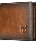 Ultra Slim RFID Wallet For Men Genuine Leather Bifold Front Pocket Card Holder With Two ID Windows Minimalist Design Built To Last Everyday Carry Ready Brown Finish visible in leather texture.