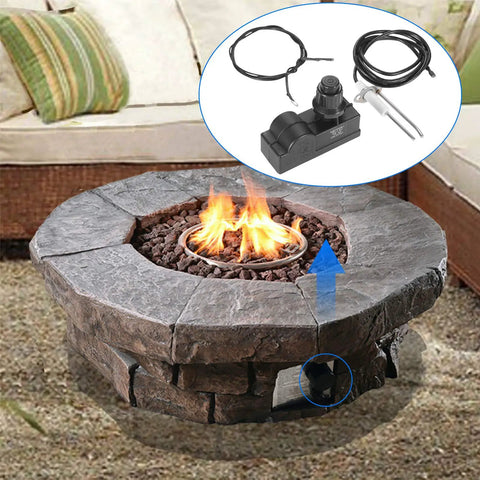 Push Button Fire Pit Ignition Kit With Two Outlets And Ground Wire shown on outdoor stone fire pit with flames