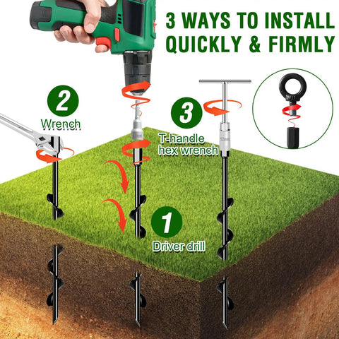 Installation guide for Heavy Duty 18 Inch Screw In Ground Anchors 4 Pack with Spiral Auger Stakes using drill, wrench, and T-handle tools.