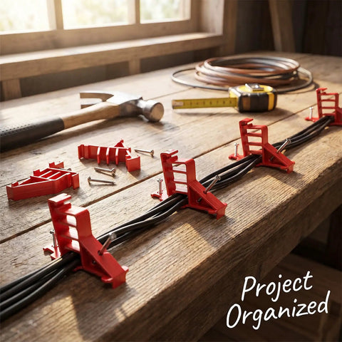 Lothee 200 Pack Red Cable Staples Clips With Steel Nails organizing black cables on a wooden workbench with tools.