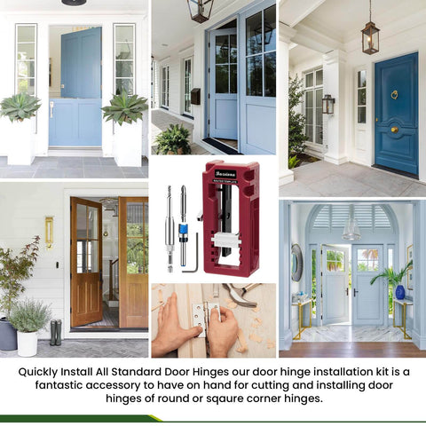 Composite image featuring red door hinge jig for router mortiser, adjustable three to five inches, used for door installations.