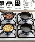 Four Pack Mini Cast Iron Skillets 4 Inch With Double Drip Spouts on gas stove, indoor use, cooking bacon and pancakes.