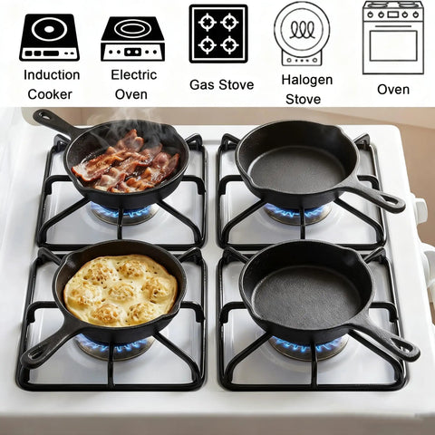Four Pack Mini Cast Iron Skillets 4 Inch With Double Drip Spouts on gas stove, indoor use, cooking bacon and pancakes.