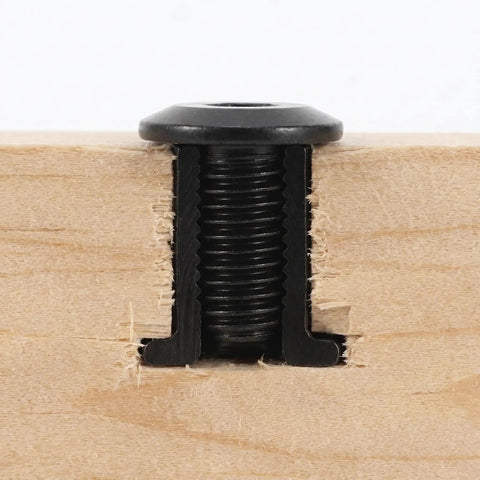 Close-up of M3 hex socket screw installed in wood, part of 40 Sets Furniture Connector Bolts With M3 Hex Socket Screws And Barrel Nuts.
