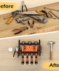 Before and after of wall mounted power tool organizer rack with battery holder and four drill slots, organized workspace