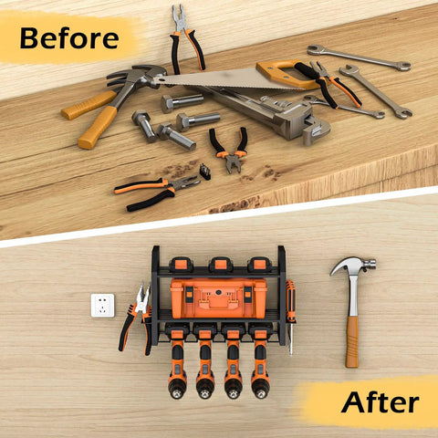 Before and after of wall mounted power tool organizer rack with battery holder and four drill slots, organized workspace