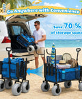 Man folding Heavy Duty Beach Fishing Cart For Sand With 9 Inch All Terrain Wheels standing on sandy beach near SUV.