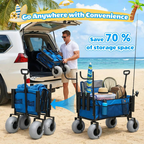 Man folding Heavy Duty Beach Fishing Cart For Sand With 9 Inch All Terrain Wheels standing on sandy beach near SUV.