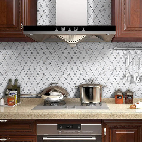 Calacatta Style Peel and Stick Backsplash Tiles 10 Sheets Self Adhesive Aluminum Composite Glass Mosaic in a modern kitchen setting.
