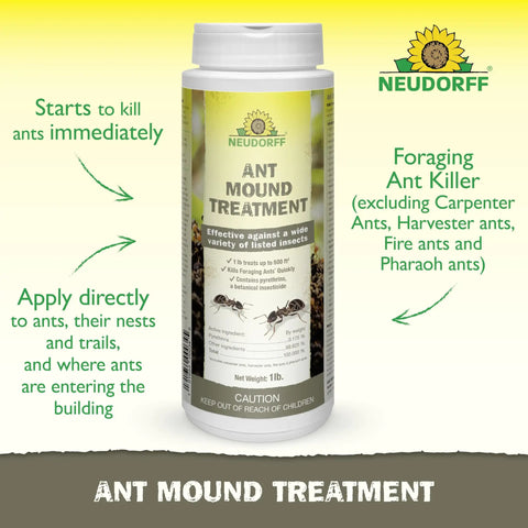 Ant Mound Treatment bottle with details of pyrethrins insecticide, kills foraging ants, safe around homes and animal dwellings.