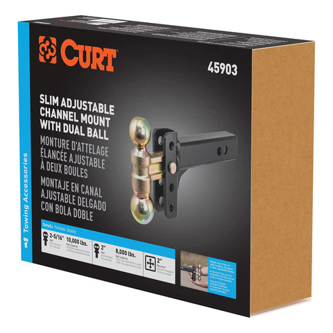 Box packaging of Slim Adjustable Channel Mount With Dual Ball Hitch For Trailers, Two Inch Shank, Ten Thousand Pound Capacity