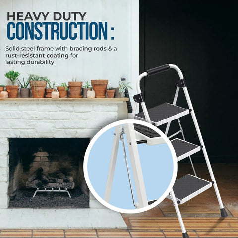 350 Lb Capacity 3 Step Folding Ladder With Non Slip Feet And Offset Legs Anti Slip Wide Steps And Handgrip ANSI Certified Lightweight Aluminum Stepping Stool For Kitchen Home Office And Garage, side view