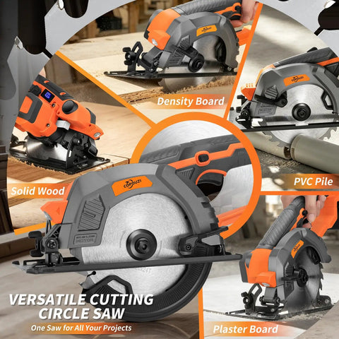Heavy Duty Brushless Cordless Circular Saw Features 21 Volt 1500 Watt Motor delivering cuts through density board, solid wood, PVC pipe.