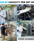 Built To Last 5X2 In Stainless Steel Casters With Polyurethane Wheels Roll Easy Under Heavy Loads Include Two Swivel Locks And Two Rigid Base Plates For Warehouse Machinery And Washdown Stations No Sweat Daily Usage, shown in a hygienic environment with 3200 lbs capacity.