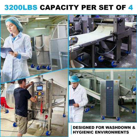 Built To Last 5X2 In Stainless Steel Casters With Polyurethane Wheels Roll Easy Under Heavy Loads Include Two Swivel Locks And Two Rigid Base Plates For Warehouse Machinery And Washdown Stations No Sweat Daily Usage, shown in a hygienic environment with 3200 lbs capacity.