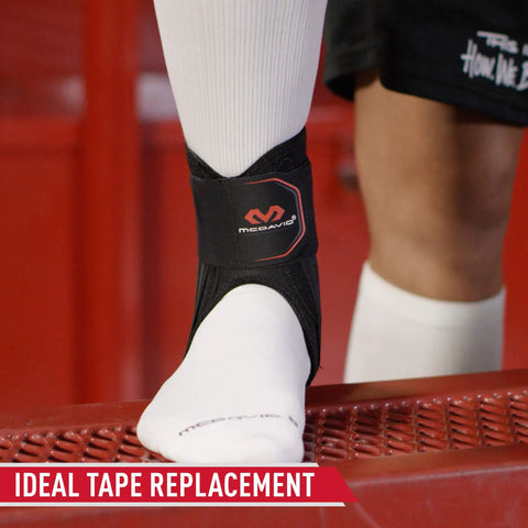 Stealth Lace-Free Ankle Brace For Left Or Right Ankles, shown on foot, black with logo, highlighting ideal tape replacement.