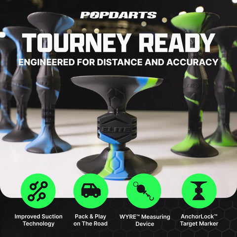 Elite Full Pack Darts Set with larger blue and green suction darts for precision and control, showcasing size and design.