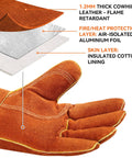 14 Inch 932F Heat Resistant Cowhide Leather Welding Gloves For Grill Pros And Home Cooks With Reinforced Palm, Insulated Lining, Long Cuff EN388 EN407 EN12477 Type A Certified For BBQ Grill Oven Fireplaces, showing layers of material.