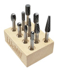 Heavy Duty Tungsten Carbide Die Grinder Burr Set, 10 Piece, One Quarter Inch Shank, Double Cut Rotary Bits For Metalworking