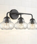 Dope Three Light Farmhouse Style Bathroom Vanity Light With Globe Bubble Glass Shades installed on white tiled wall