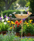 Outdoor Metal Bird Bath With 27.6 Inch Stand Five Prongs Base Stake Freestanding Bird Feeder And Waterer For Garden Patio And Yard Vintage Style Decor Built To Last Weatherproof Construction in a garden with colorful flowers and birds.