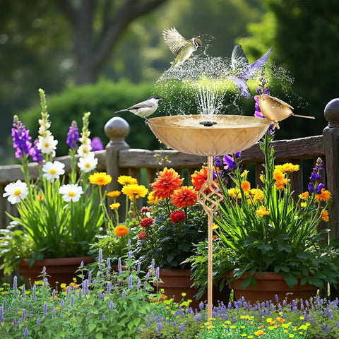 Outdoor Metal Bird Bath With 27.6 Inch Stand Five Prongs Base Stake Freestanding Bird Feeder And Waterer For Garden Patio And Yard Vintage Style Decor Built To Last Weatherproof Construction in a garden with colorful flowers and birds.