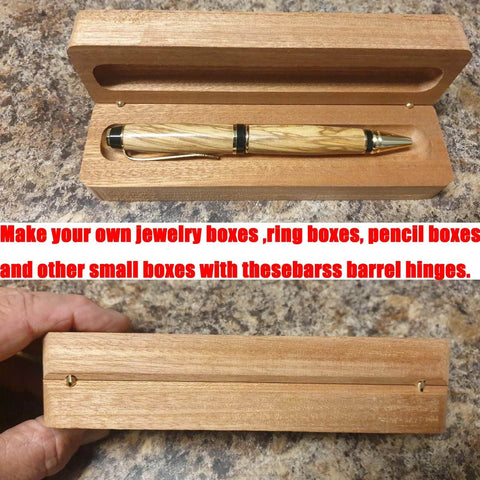 Premium Brass Hidden Hinges Set For Mini Jewelry Boxes And Music Boxes With 270 Degree Folding Includes 25 Cylinder Hinges 4x17mm And 25 Magnets 4x3mm For DIYers Woodworking Projects And Crafting, showing open pen box with brass hinges.