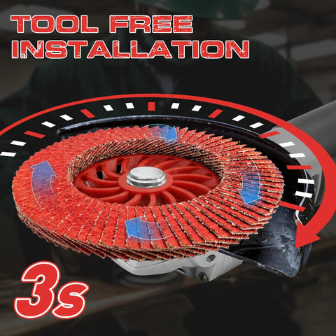 Close-up of Ceramic Flap Discs 4-1/2 Inch For Angle Grinder 5/8-11 Thread 40 Grit Type 29 installed on a tool.